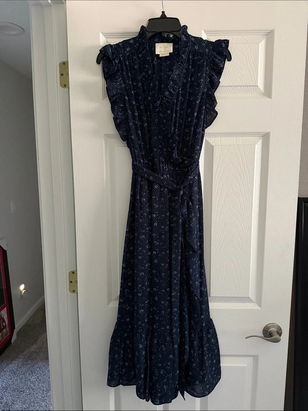 kate spade navy floral ruffle wrap dress with tie waist